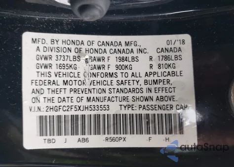 2018 Honda Civic Lx из США, поврежденный, VIN 2HGFC2F5XJH533553